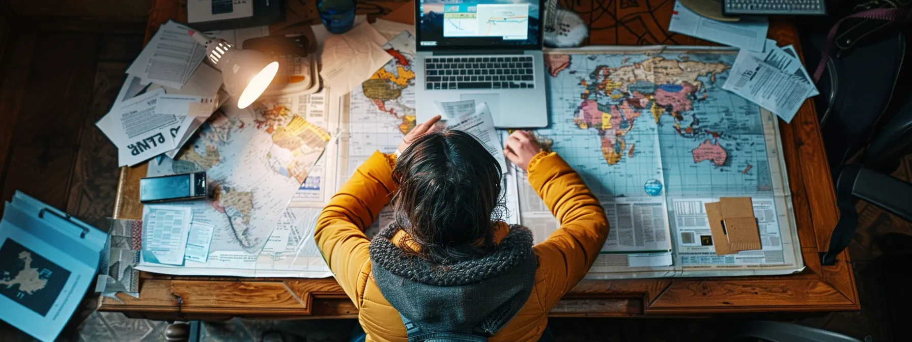 a person sitting at a desk with a laptop and international travel documents spread out, surrounded by financial paperwork and a world map.