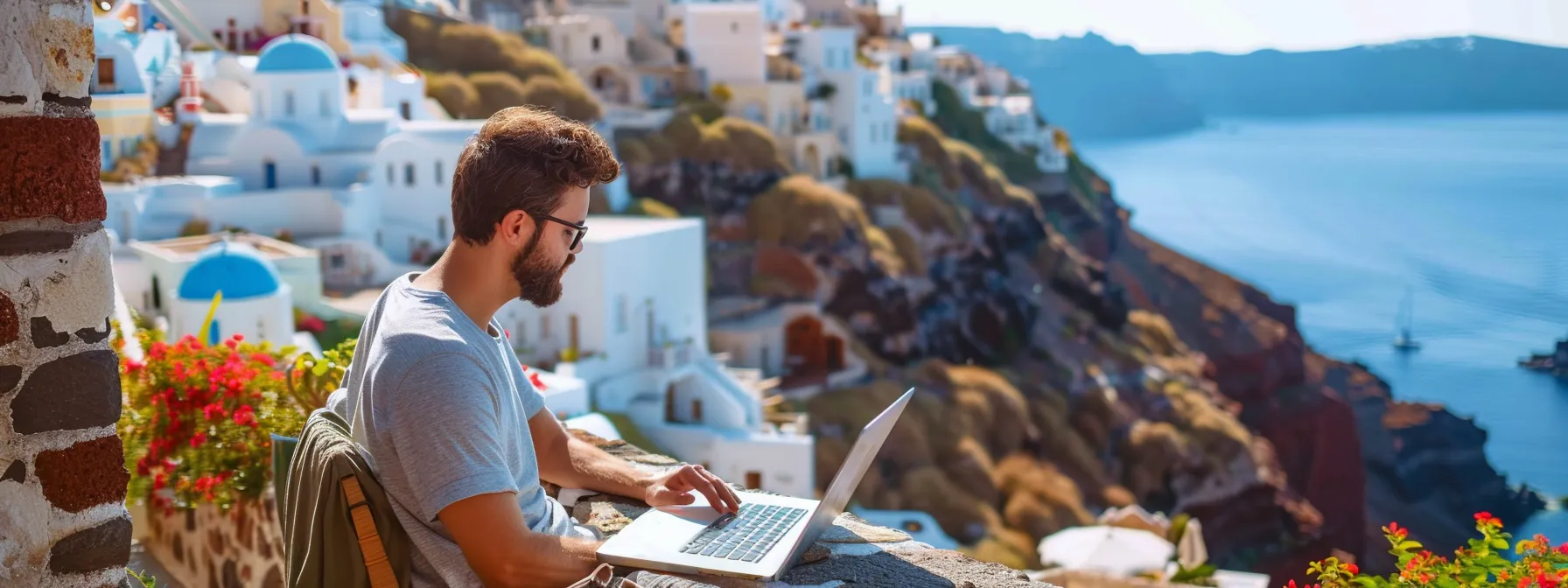 a digital nomad working on a laptop with a picturesque greek island view in the background, showcasing the benefits of obtaining a digital nomad visa.