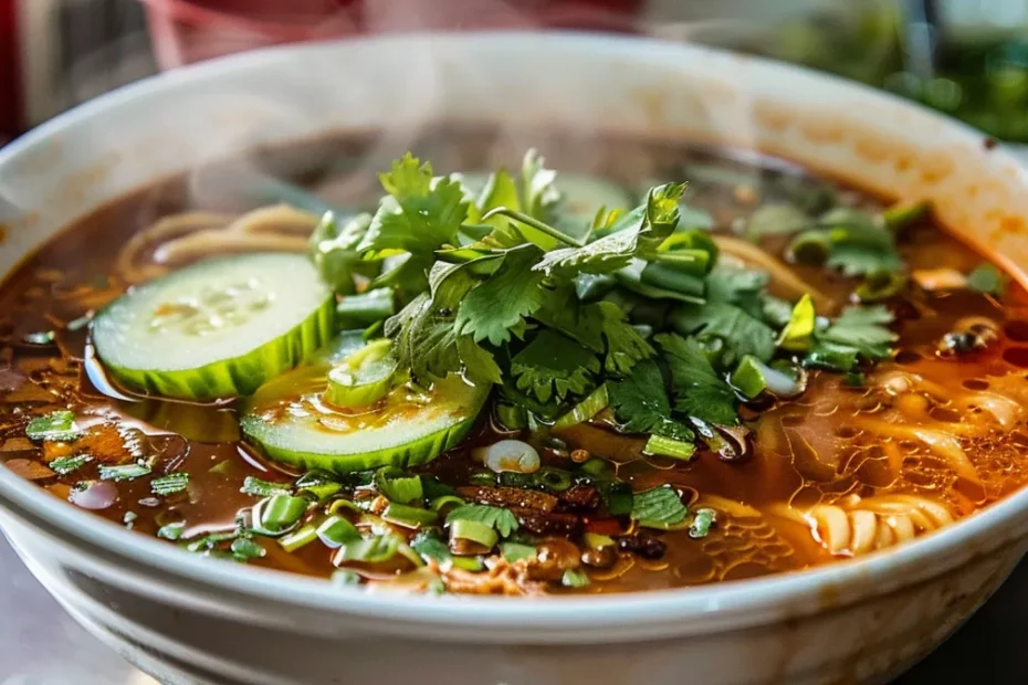 a steaming bowl of tangy, spicy assam laksa garnished with vibrant slices of cucumber and fresh herbs served at a bustling hawker stall in penang.