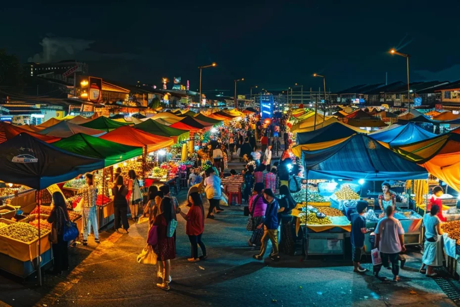 crowded night market with colorful food stalls in penang.