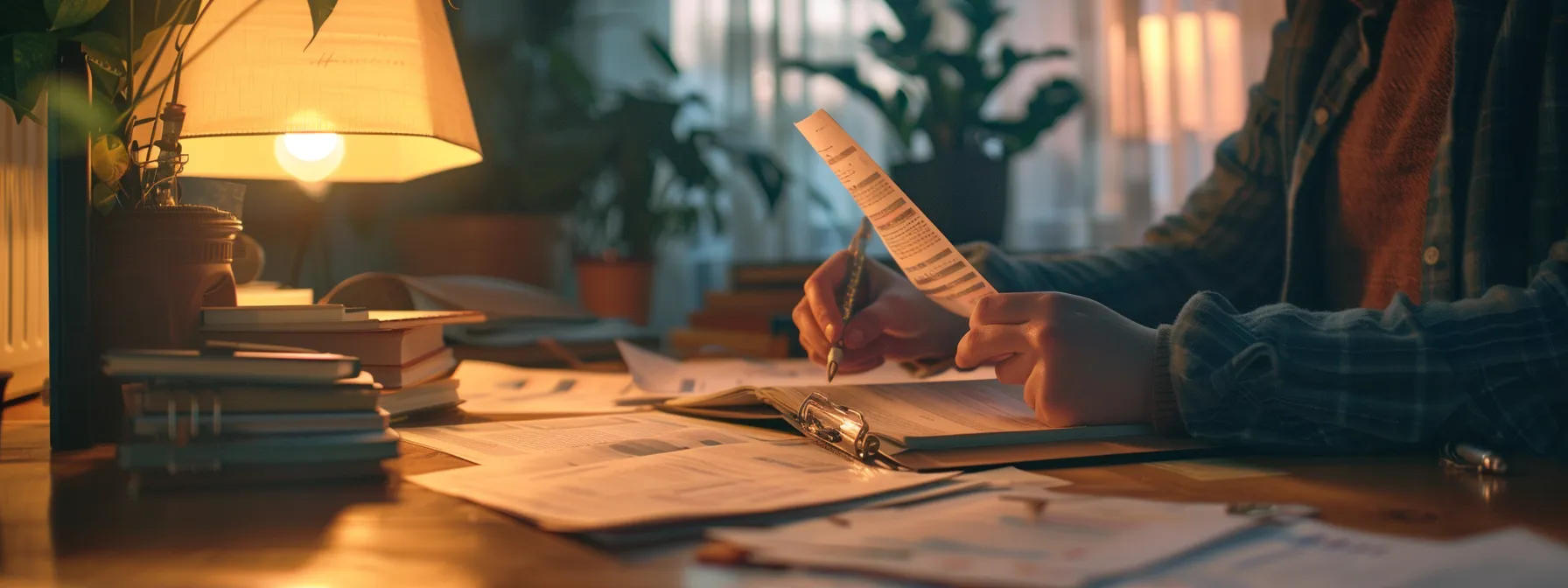 a person researching and organizing travel documents and insurance paperwork at a desk.