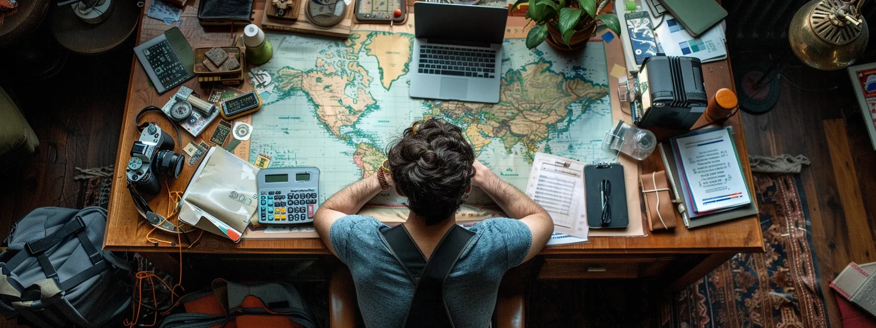 a digital nomad sitting at a desk surrounded by budgeting tools and different currencies, managing their finances while enjoying the freedom of travel.