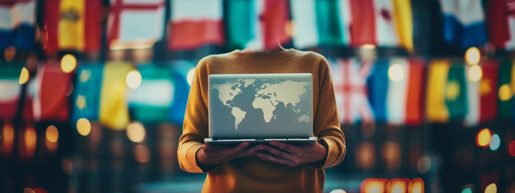 a person holding a laptop with various country flags in the background.