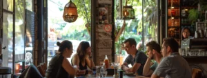 Eine Gruppe digitaler Nomaden sitzt zusammen in einem Café und bespricht die Krankenversicherungsanforderungen für ihr Visum.