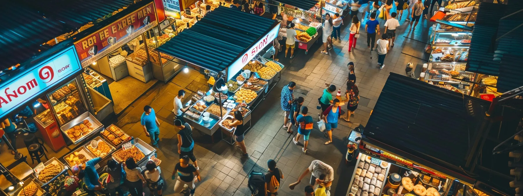 bustling night market with various food stalls offering unique and delicious snacks.