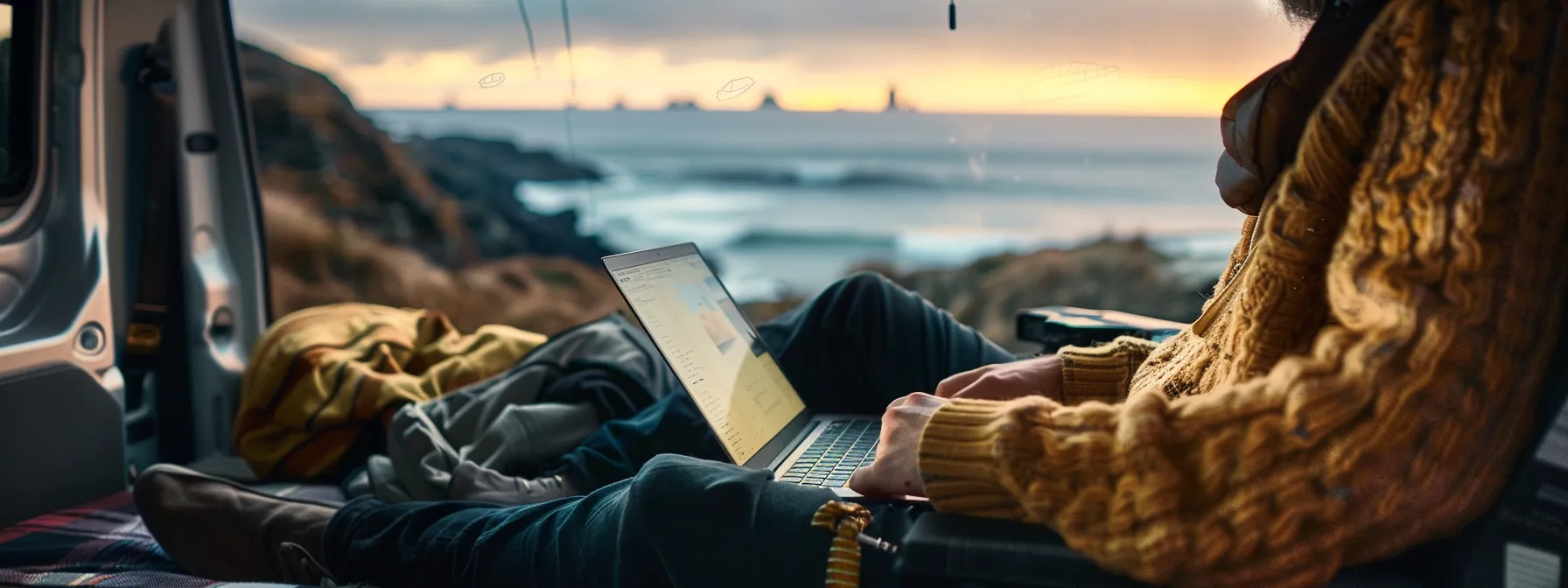 a person working on a laptop in a cozy van by the ocean.