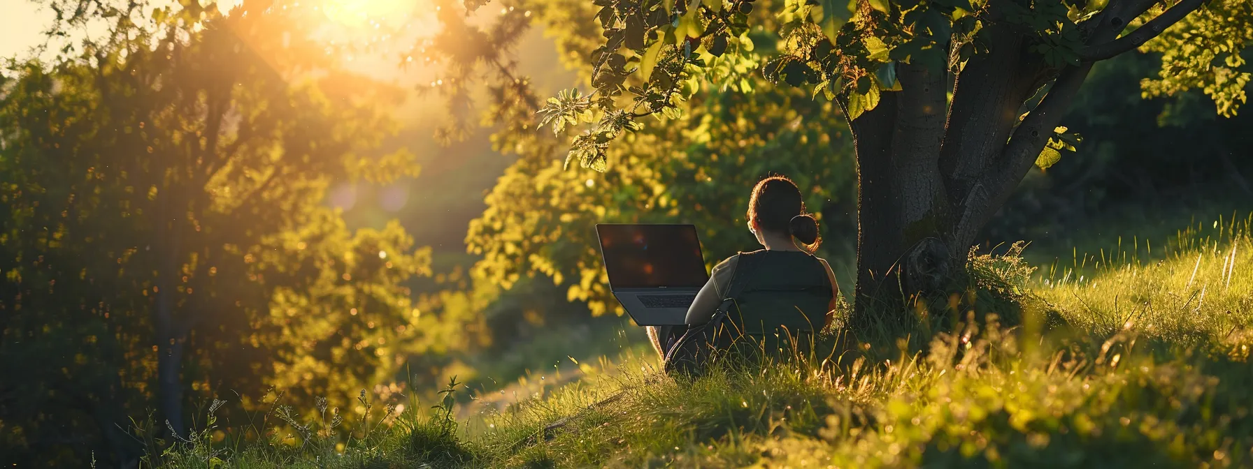 a person working on a laptop in a picturesque outdoor setting, surrounded by nature, embodying the concept of boosting income potential while living nomadically.