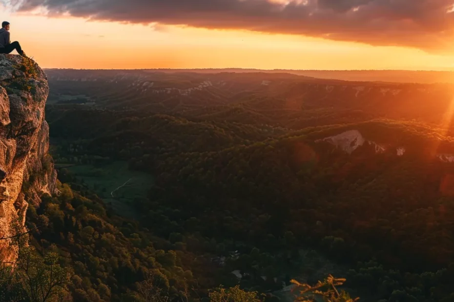 a person sitting on the edge of a cliff overlooking a beautiful sunset while surrounded by nature.