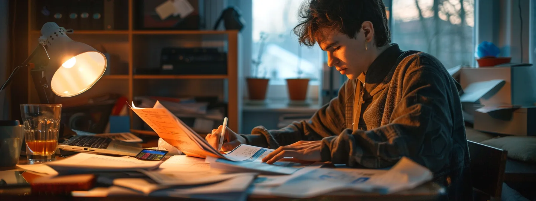 a person carefully organizing financial documents and bank statements for a digital nomad visa application.