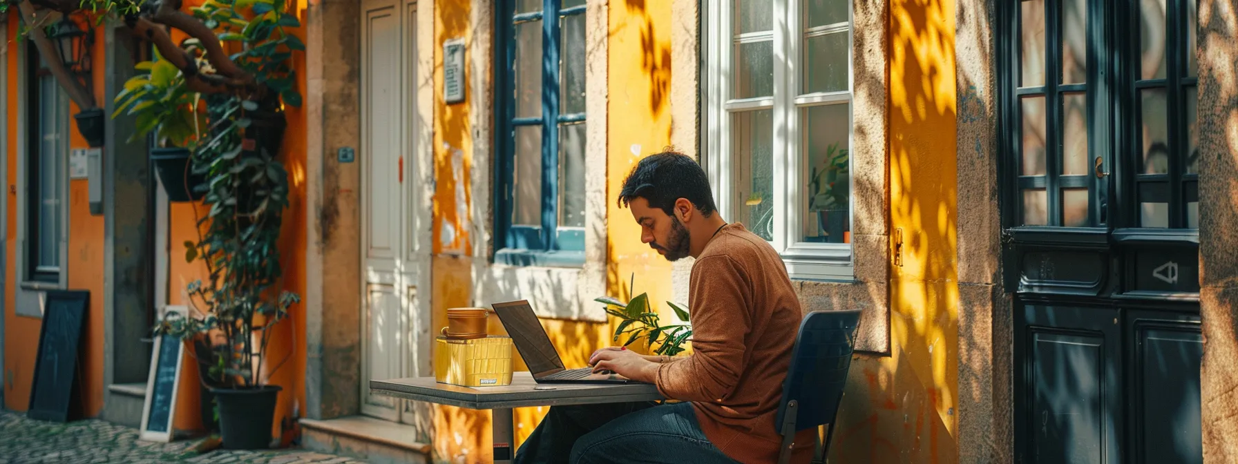 a digital nomad working on a laptop in a vibrant community in braga, portugal.