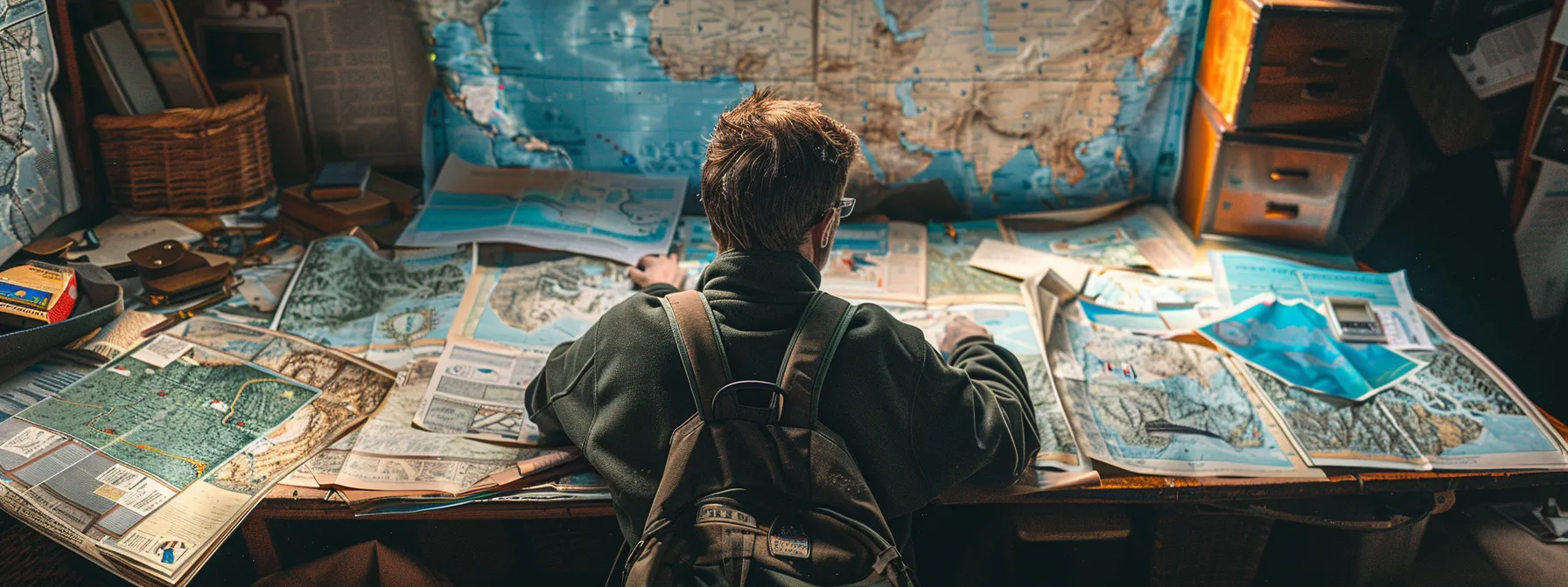 a determined nomad surrounded by maps, technology, and a network of support, showcasing resilience and adaptability in the face of challenges.