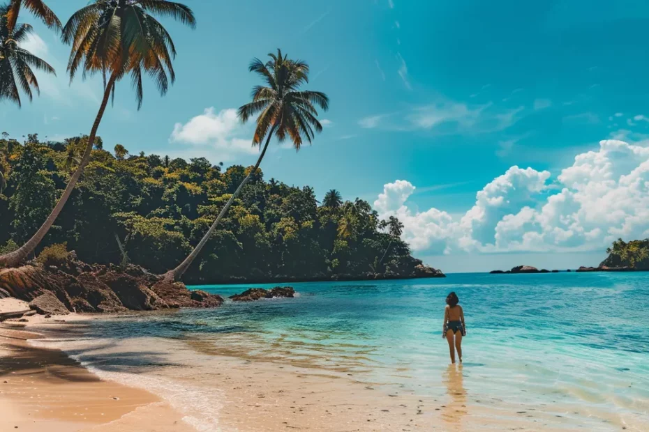 a person standing in front of a laptop on a tropical beach, surrounded by palm trees and turquoise water, showcasing the ideal digital nomad lifestyle.