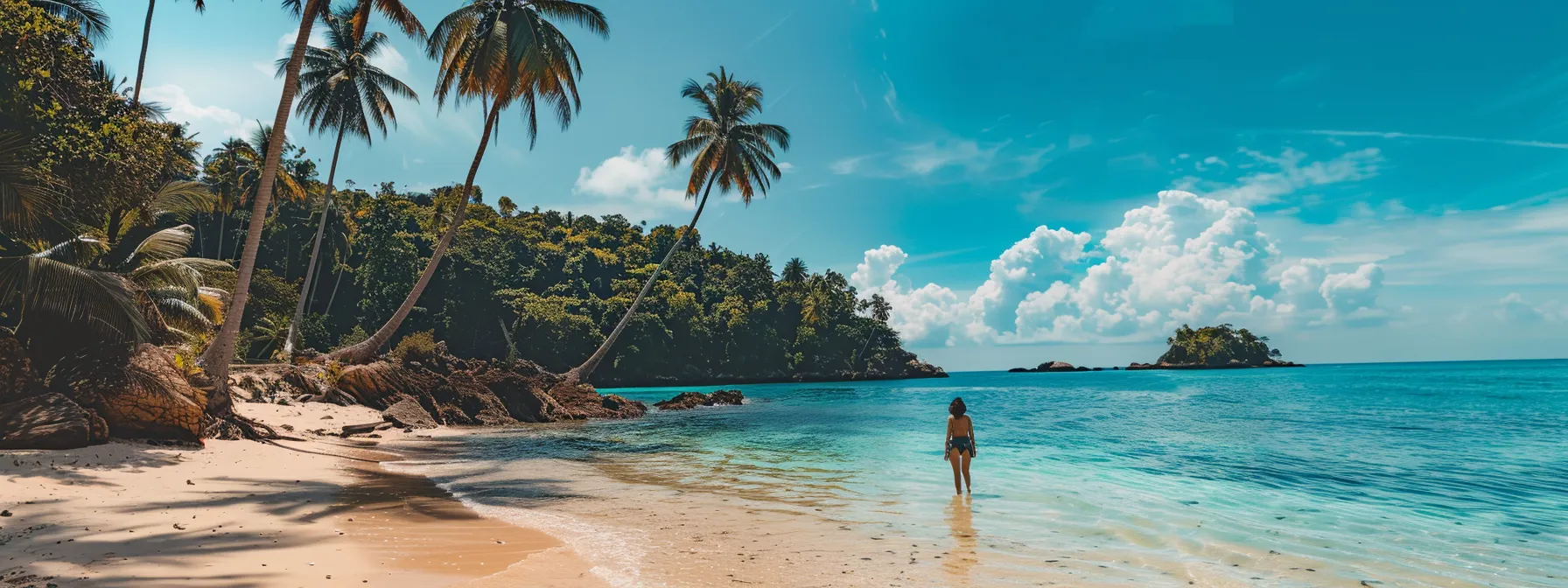 a person standing in front of a laptop on a tropical beach, surrounded by palm trees and turquoise water, showcasing the ideal digital nomad lifestyle.