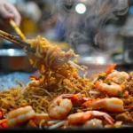 a sizzling wok tosses smoky char kuey teow noodles with plump prawns and crispy bean sprouts, surrounded by a bustling street food market.