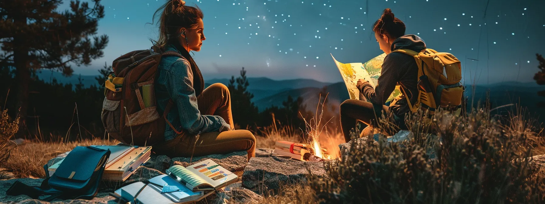 a traveler sitting by a campfire, surrounded by a stack of colorful journals, sketching tools, and a map of the world under a starry sky.