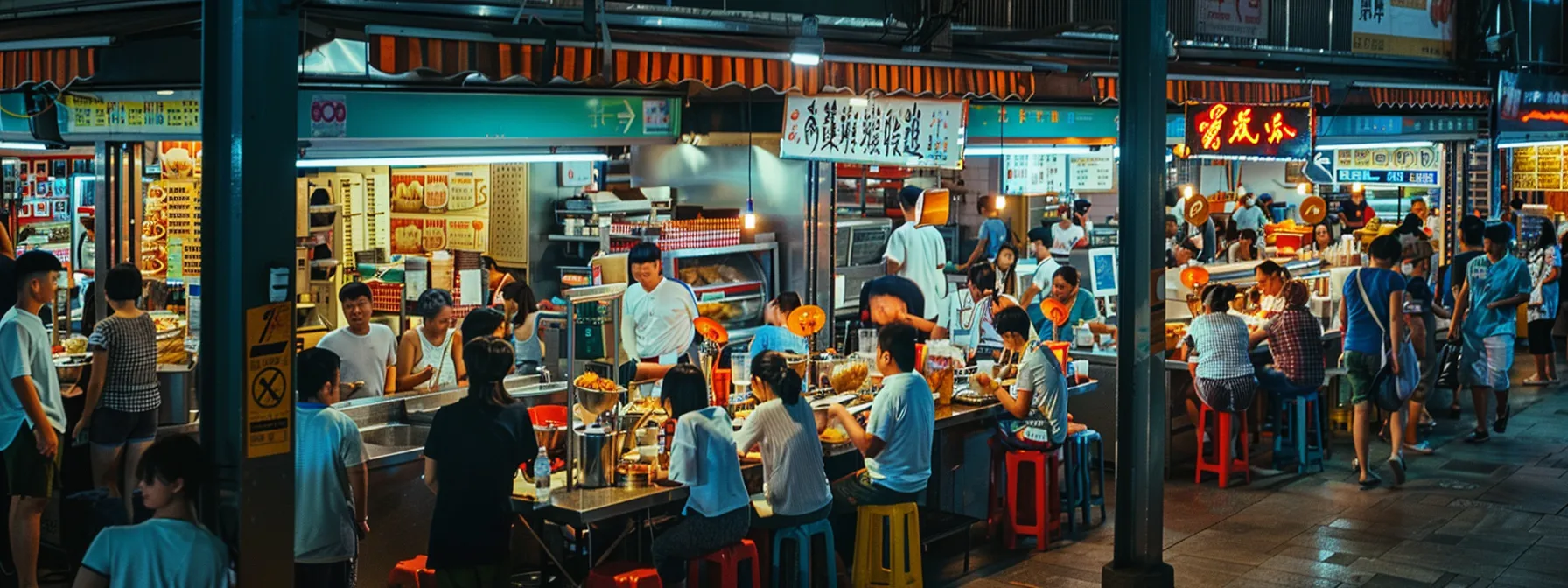 a bustling hawker center filled with vendors cooking up a storm of enticing aromas and flavors.