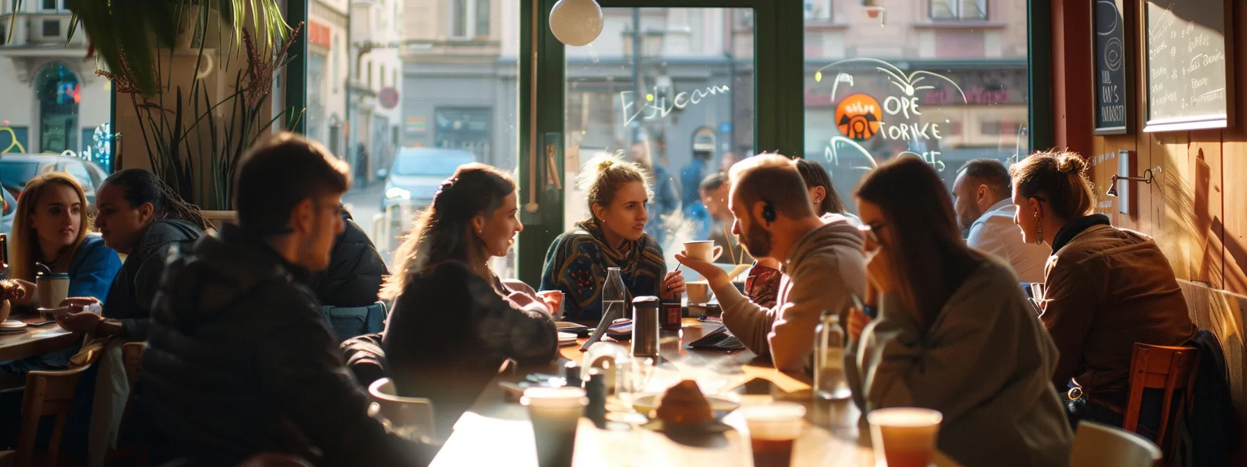 a diverse group of digital nomads networking in a bustling café in prague.