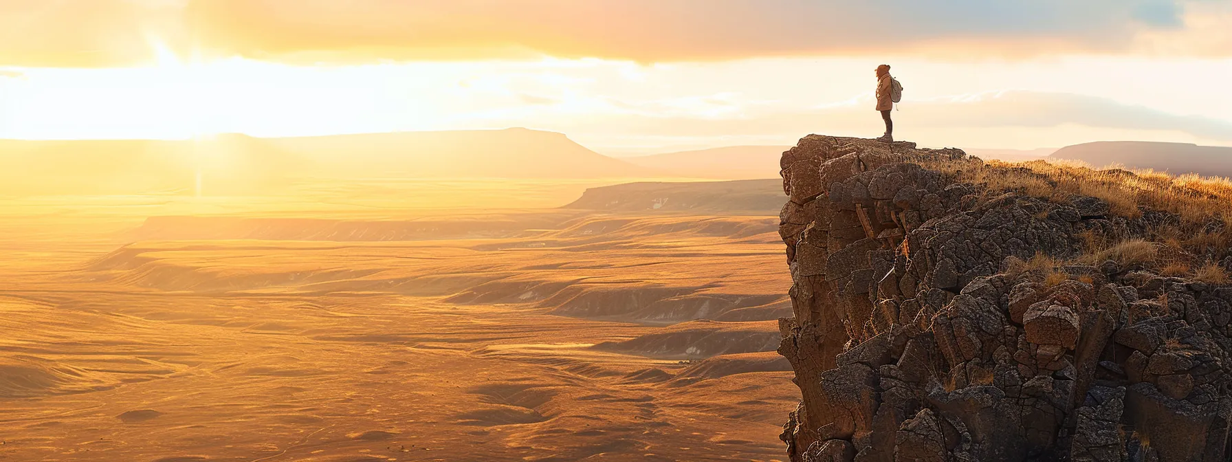 a lone traveler standing on a cliff overlooking vast, open landscapes, embodying the freedom and adaptability of the nomadic lifestyle.