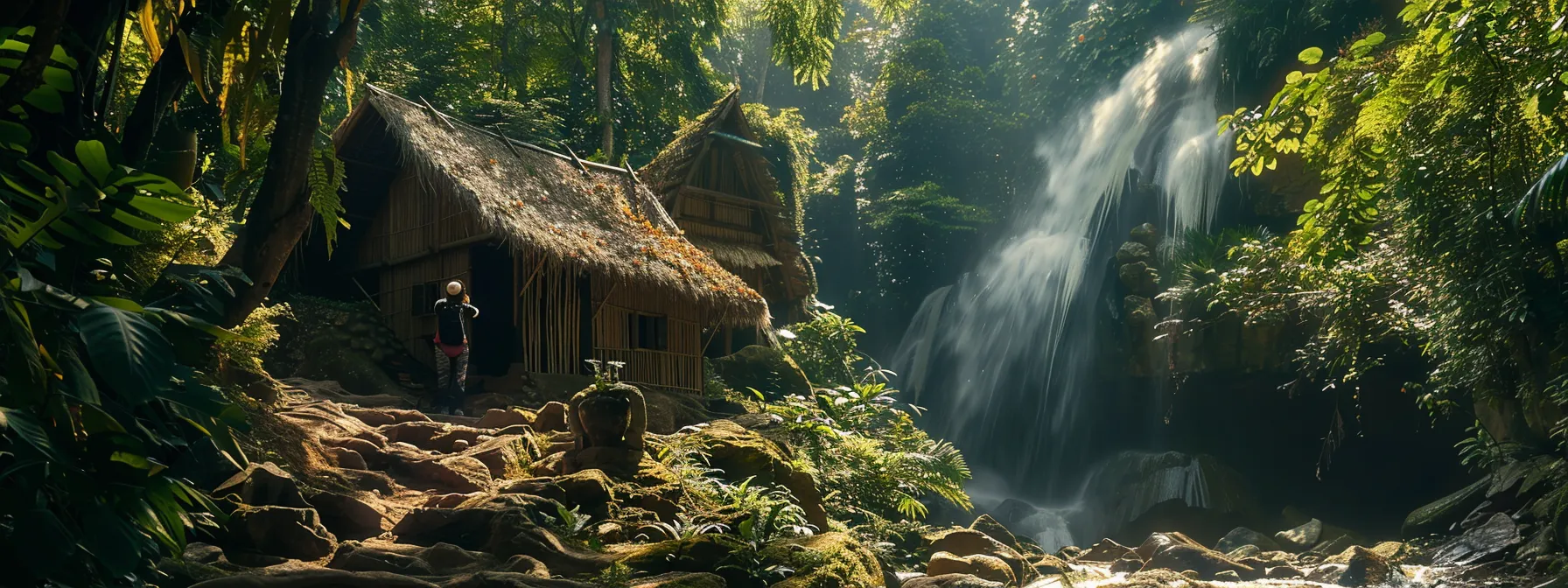 a traveler staying in a cozy, solar-powered eco-lodge surrounded by lush greenery, sipping on a reusable bamboo straw while admiring a crystal-clear waterfall in a remote, untouched nature reserve.