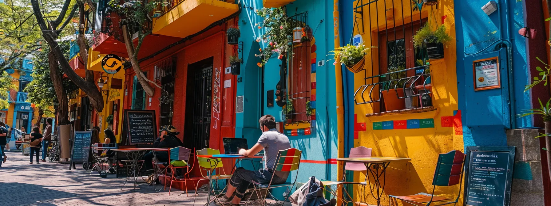 a digital nomad sitting at a sunny outdoor cafe in buenos aires, surrounded by colorful buildings and working on a laptop.