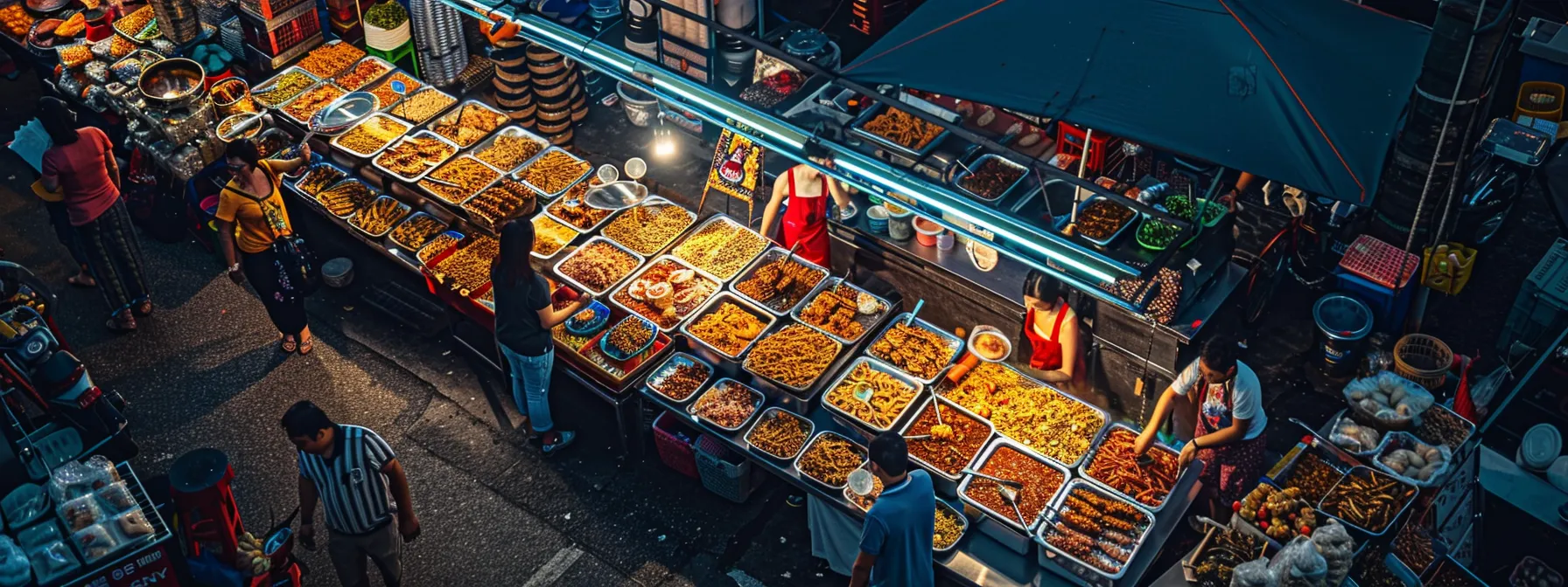 vibrant stalls selling a variety of street food at penang night markets.