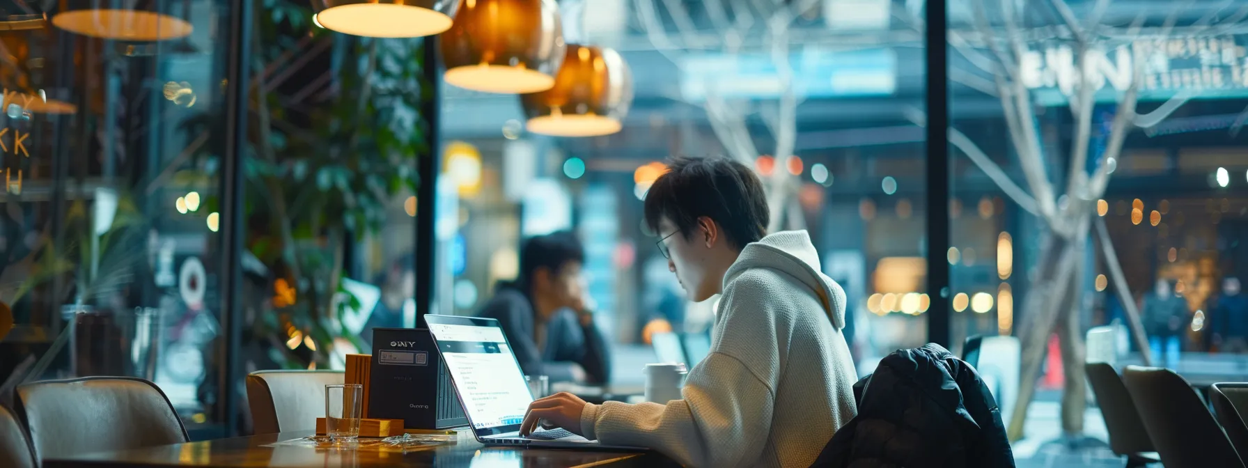 a person using a laptop while sitting in a bustling cafe in a foreign city, with a screen displaying an online banking platform with high security features and low international transfer fees.