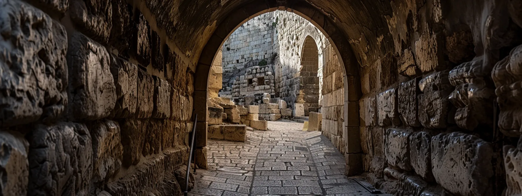 the ancient eastern gate of jerusalem standing tall, with timeworn stones framing a view of the historical path toward the temple mount.