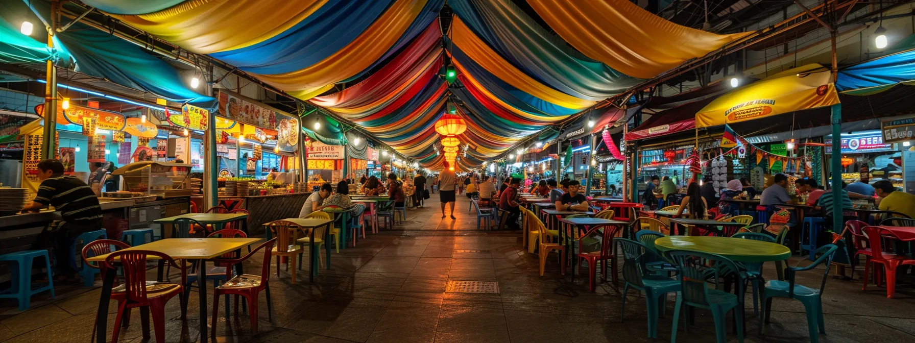 a bustling hawker center with colorful tents and tempting aromas.