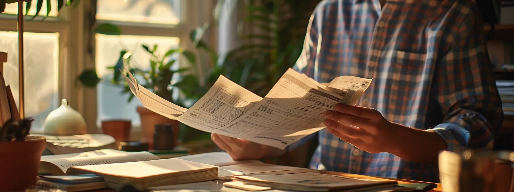 a person holding multiple bank statements and financial documents while sitting at a desk and looking determined.