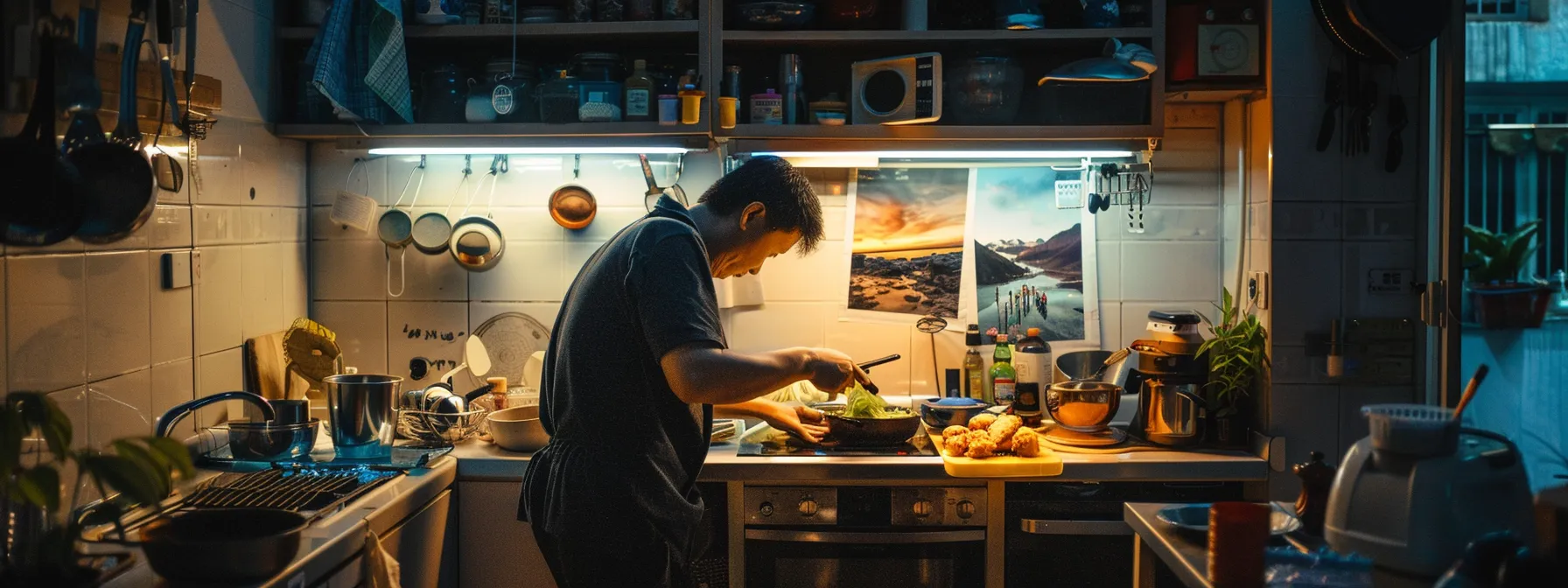 a person cooking with local ingredients in a small, minimalist kitchen while surrounded by travel photos and a phone displaying video chats with loved ones.