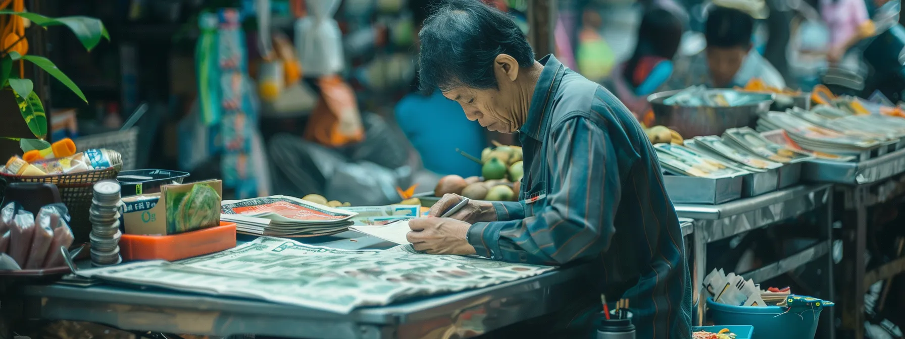 a person sitting at a table in a outdoor market in southeast asia, counting money and looking at a map.