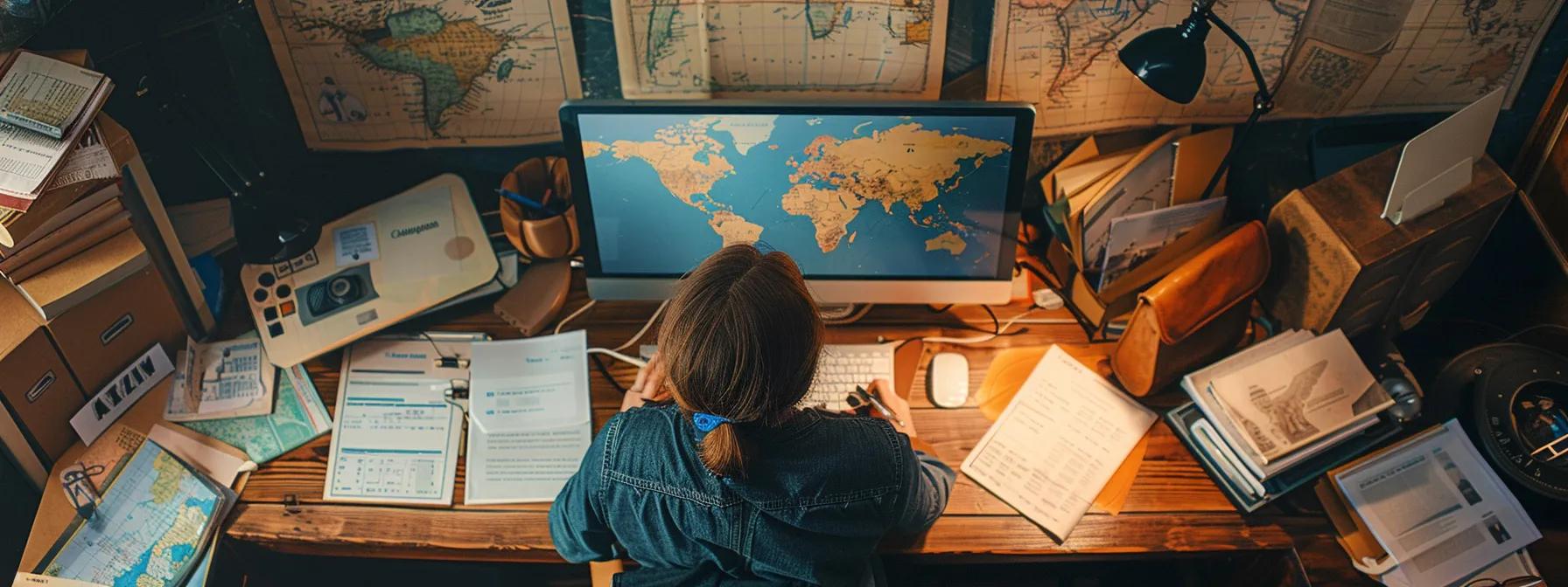 a person at a desk with a computer, surrounded by travel documents and a world map.