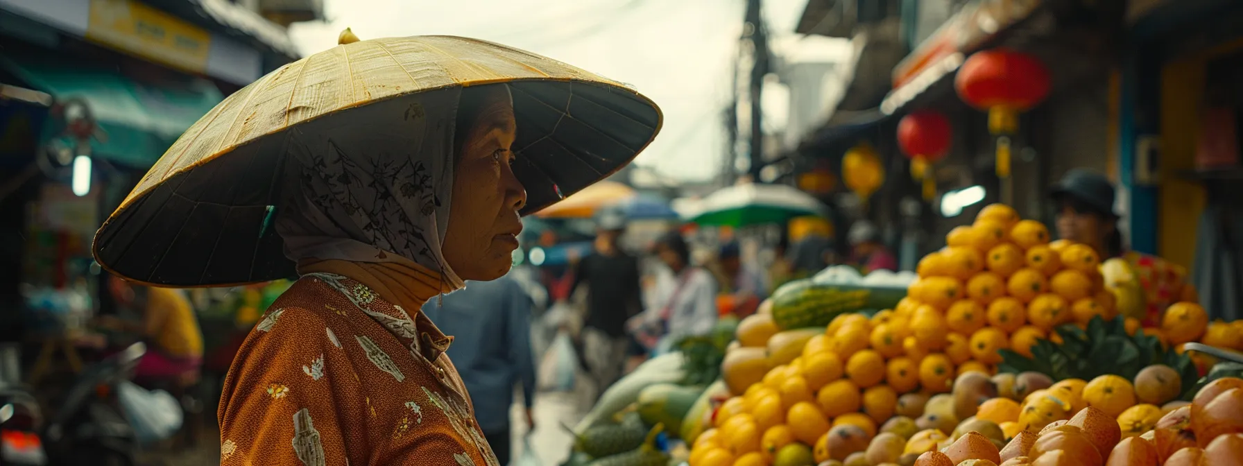 a traveler respectfully observing traditional customs at a bustling southeast asian street market.