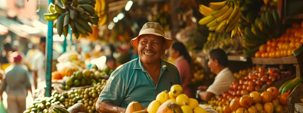 Enhancing Language Skills Through Nomadic Living Experiences 5 a traveler confidently conversing with locals in french at a bustling latin american market, surrounded by vibrant colors and exotic fruits.