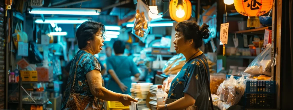 Enhancing Language Skills Through Nomadic Living Experiences 1 a woman conversing fluently in mandarin with a local shopkeeper in a bustling market, embodying the language immersion and cultural exchange of nomadic living.