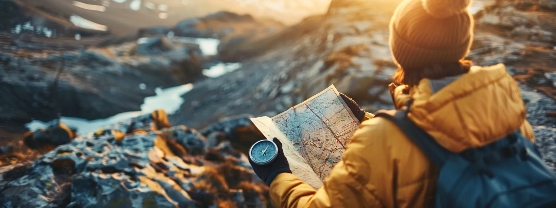 a person confidently navigating through challenging landscapes with a map and compass in hand.