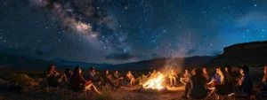 Eine bunt gemischte Gruppe mehrsprachiger Reisender sitzt um ein Lagerfeuer herum, tauscht unter einem sternenklaren Nachthimmel Geschichten aus und lacht in verschiedenen Sprachen.