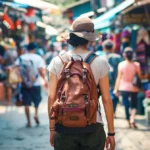 a backpacker walking through vibrant, bustling markets in southeast asia.