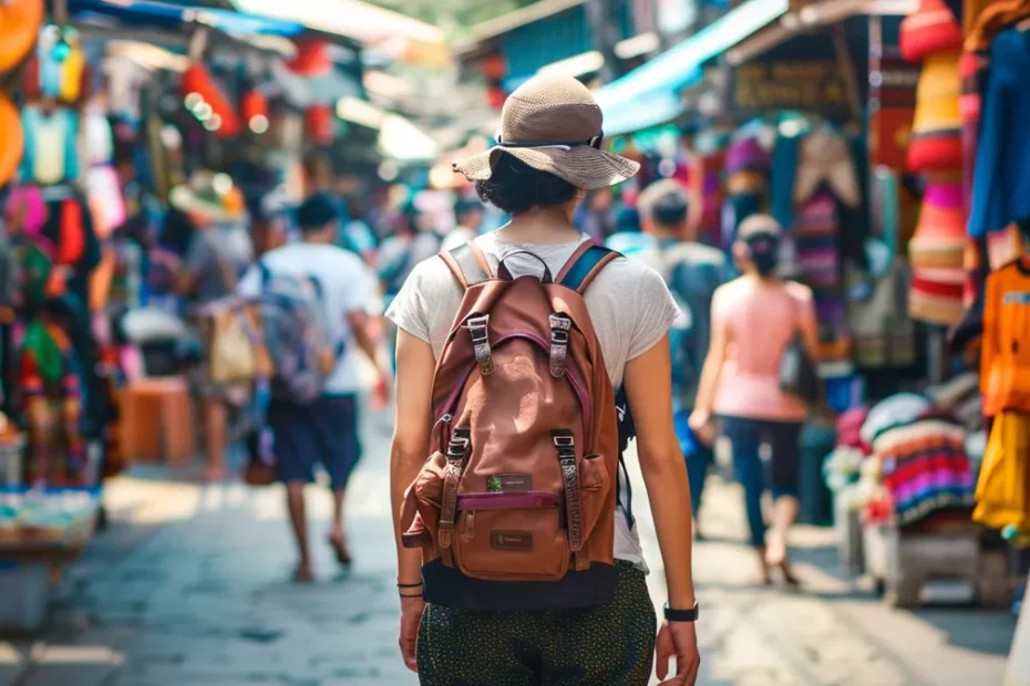 a backpacker walking through vibrant, bustling markets in southeast asia.