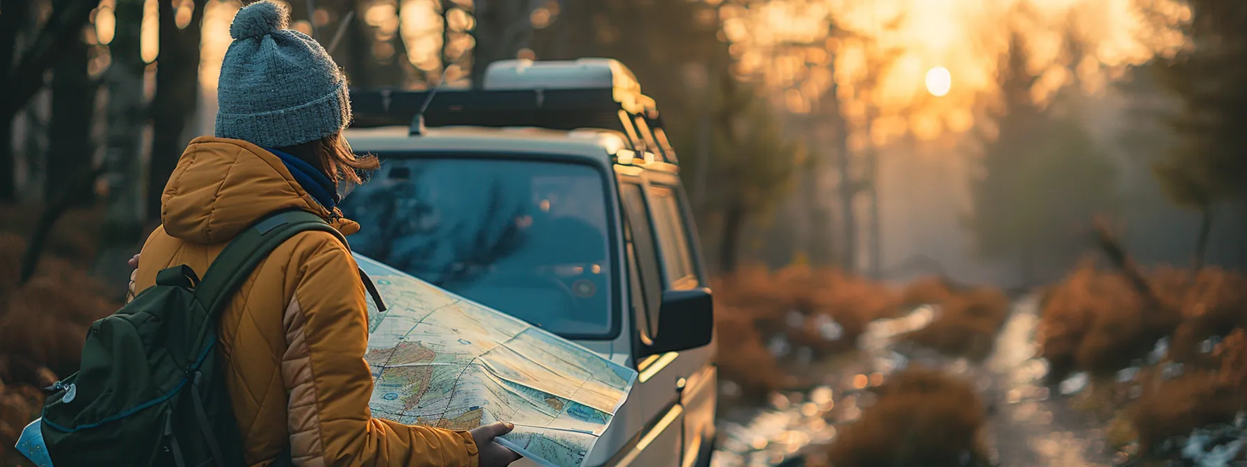 a person standing outside their van, surrounded by nature, with a map spread out on the hood.