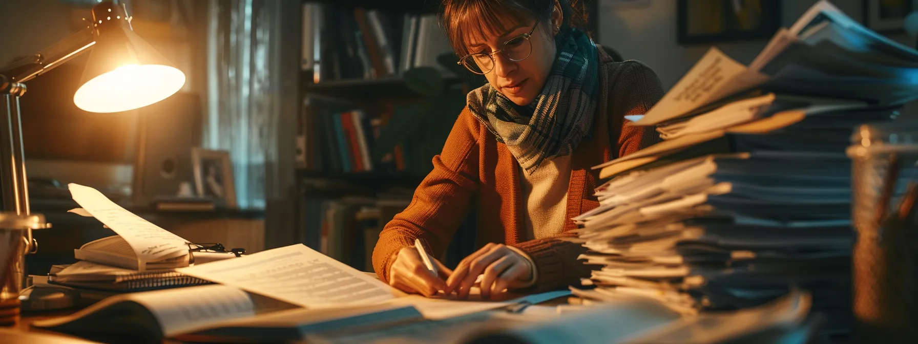 a person carefully organizing a stack of important documents on a desk.