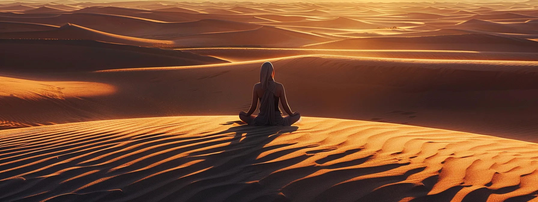 a lone figure sits cross-legged in a sunlit desert, surrounded by vast expanse of dunes, embodying the nomadic spirit of creativity and freedom.