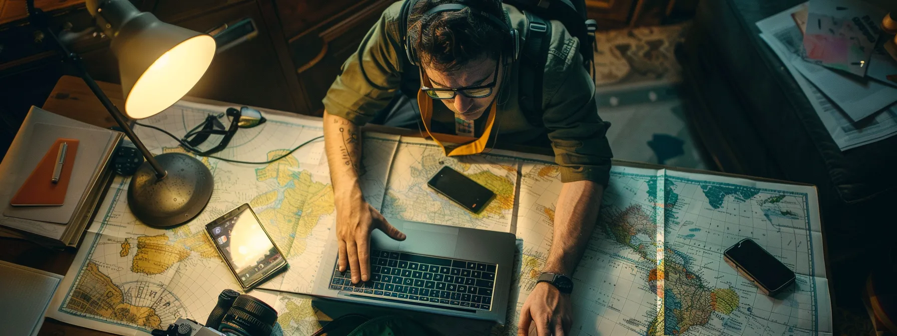 a traveler surrounded by a map, laptop, and passport, managing finances and staying connected while on the go.