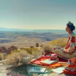 a lone artist sitting cross-legged in a sunlit desert, surrounded by colorful fabrics and sketchbooks, finding inspiration in the vast, open horizon.