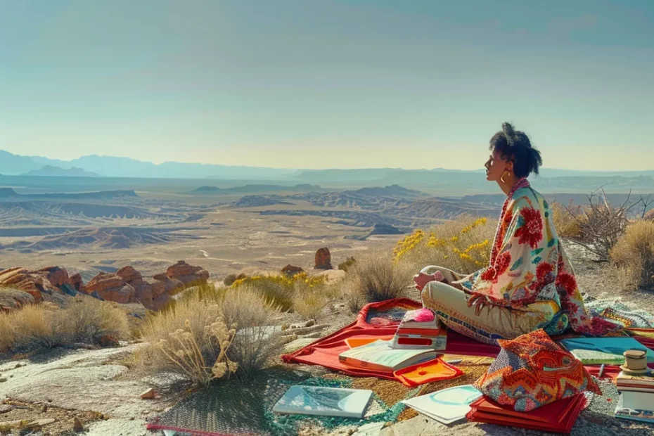 a lone artist sitting cross-legged in a sunlit desert, surrounded by colorful fabrics and sketchbooks, finding inspiration in the vast, open horizon.