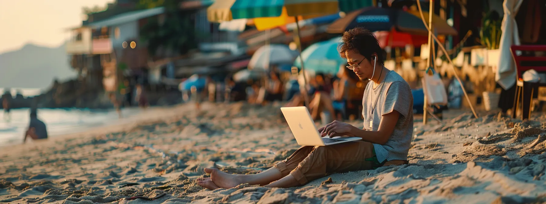 a digital nomad working with a laptop on a sunny beach in taiwan, surrounded by vibrant community and networking opportunities.