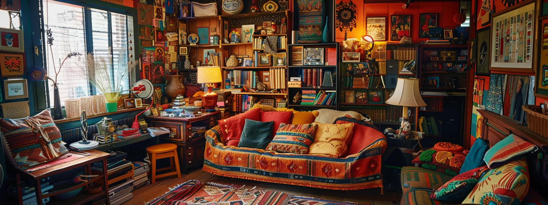 a cozy, eclectic living room filled with vibrant decor and cultural artifacts from around the world.