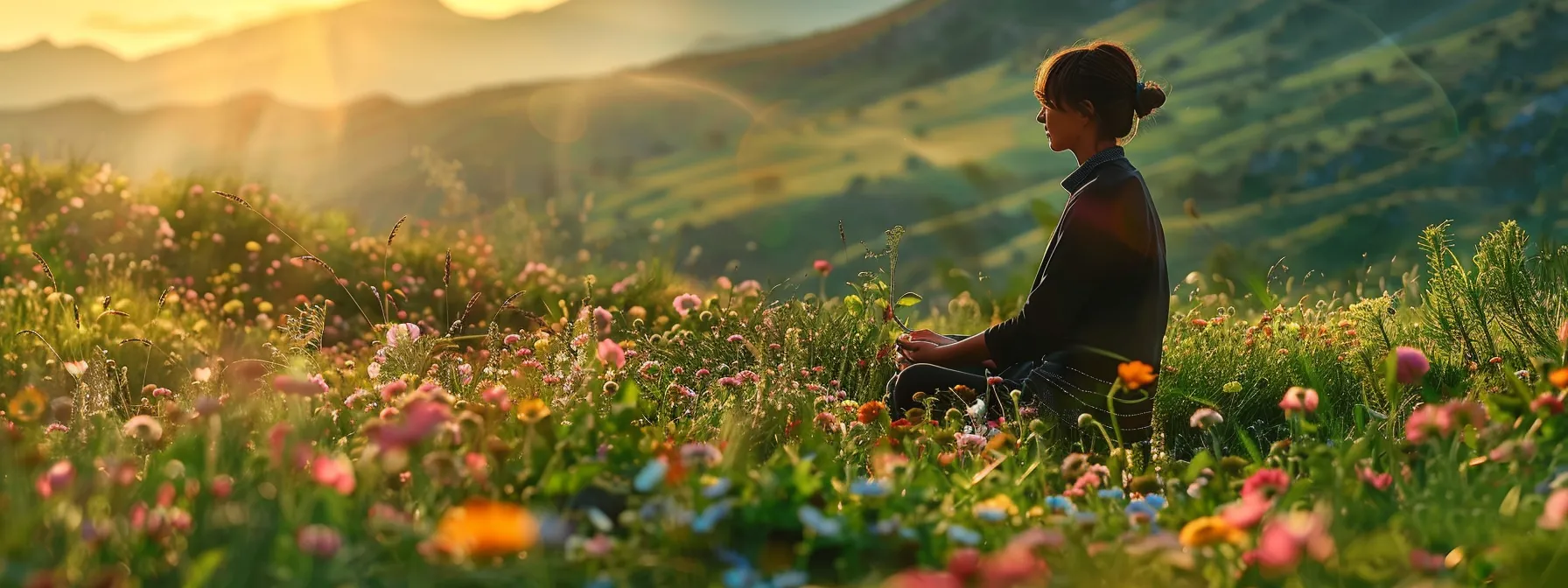 a serene traveler sits cross-legged in a lush green meadow, fully immersed in the present moment, surrounded by blooming wildflowers and chirping birds.