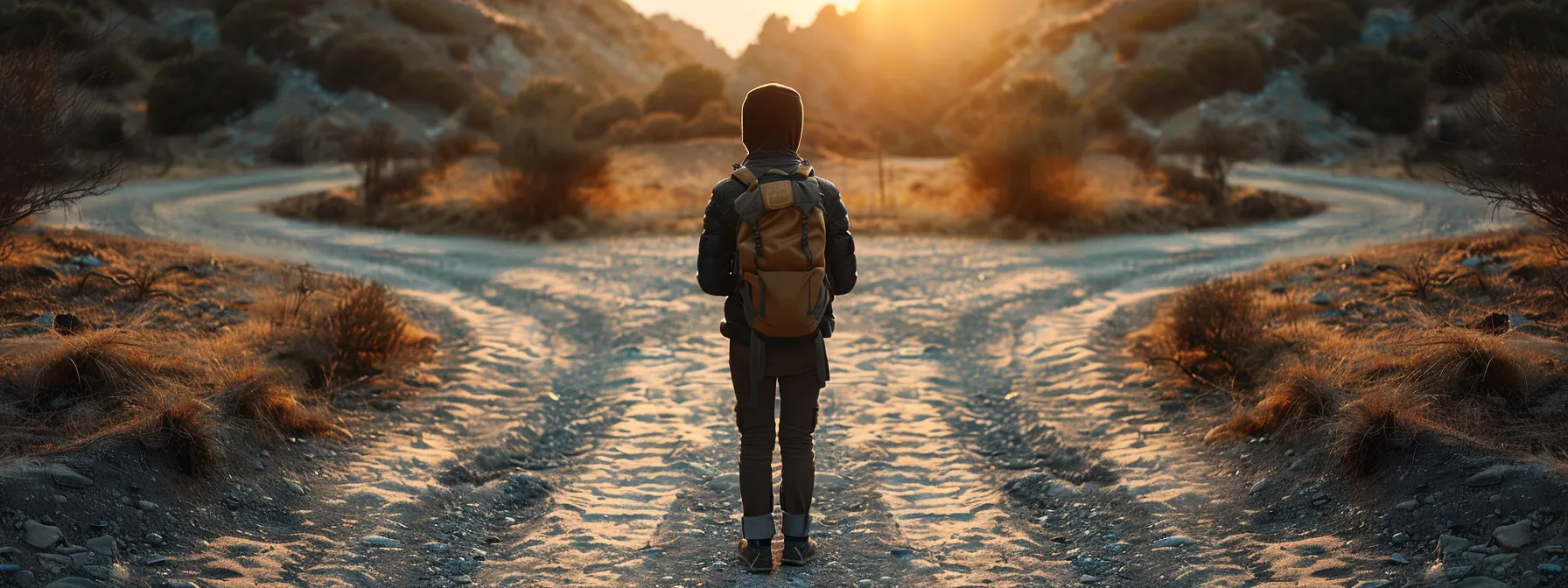 a person standing at a crossroads with a backpack, contemplating the pros and cons of a nomadic lifestyle.