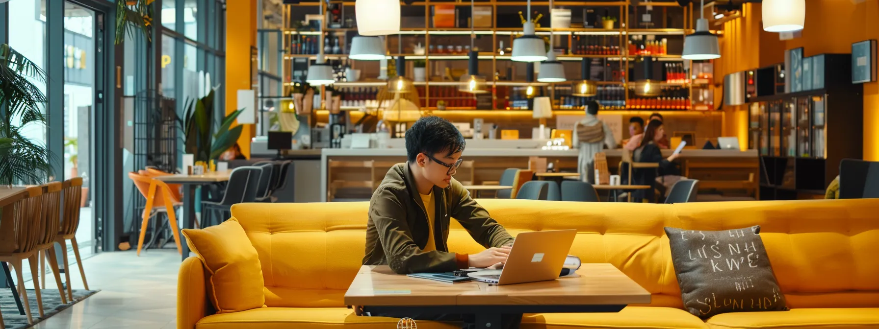 a person working on a laptop in a modern and vibrant co-working space in a foreign country.